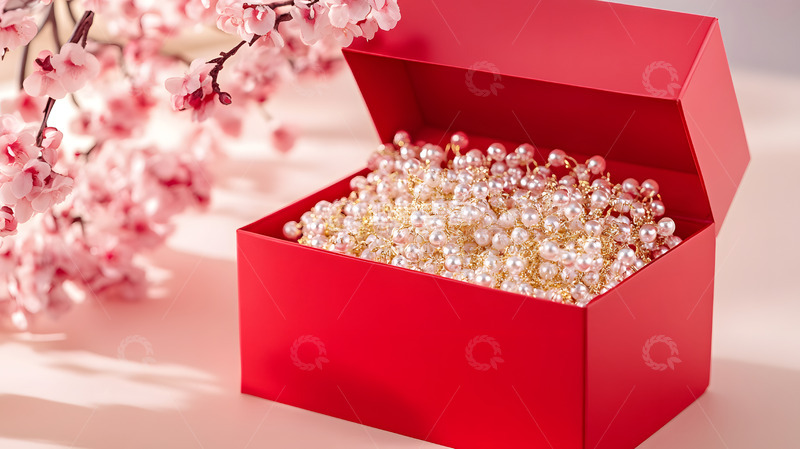 高清大图下载【趣麦麦图】红色礼盒装满珍珠节日礼品展示