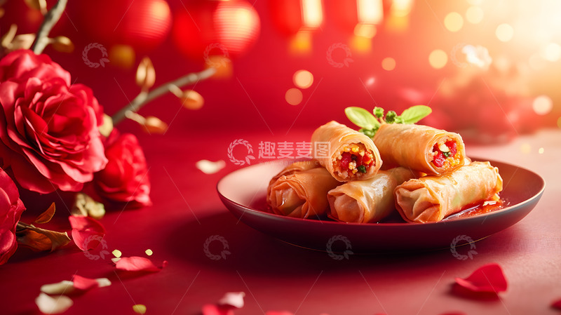 高清大图下载【趣麦麦图】红色背景春节春卷美食静物图