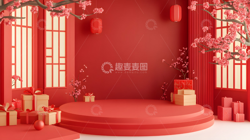 高清大图下载【趣麦麦图】中国风红色春节礼盒装饰场景