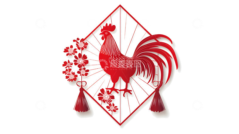 高清大图下载【趣麦麦图】红色剪纸公鸡与梅花中式节日装饰