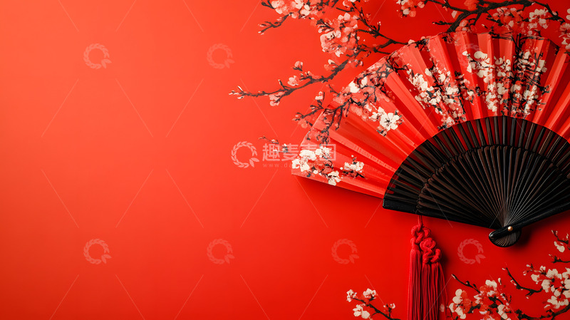 高清大图下载【趣麦麦图】红色背景樱花扇中国风静物图