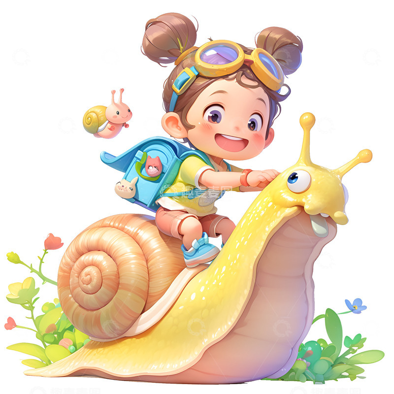 高清大图下载【趣麦麦图】坐在蜗牛上的小孩子