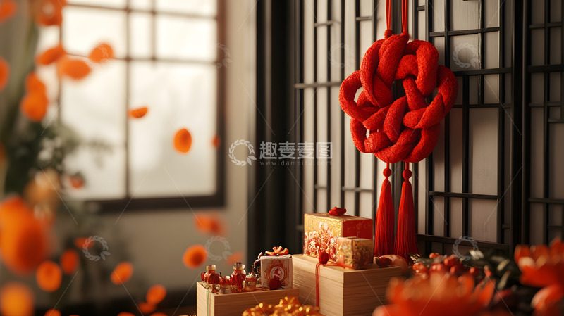 高清大图下载【趣麦麦图】春节礼盒与红色中国结中式装饰静物图
