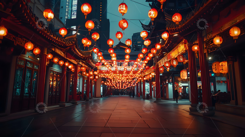 高清大图下载【趣麦麦图】夜晚中式街道悬挂灯笼节日氛围风景图