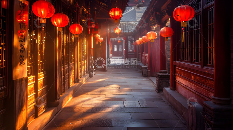 高清大图下载【趣麦麦图】阳光下中式走廊与红灯笼节日风景图