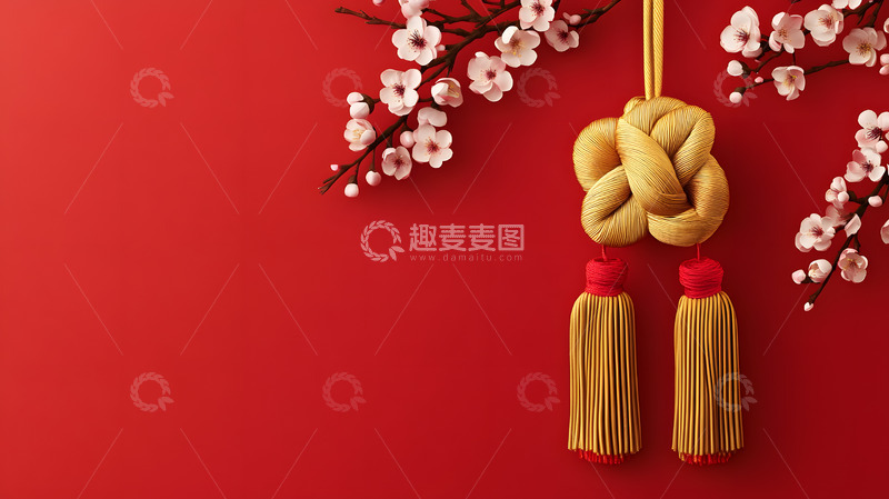 高清大图下载【趣麦麦图】红色背景黄色中国结与樱花春节装饰静物图