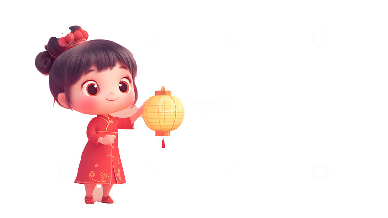 可爱卡通女孩提黄色灯笼中式节日庆祝