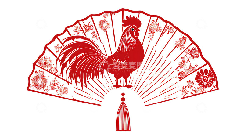 高清大图下载【趣麦麦图】红色扇子与公鸡图案中式传统艺术