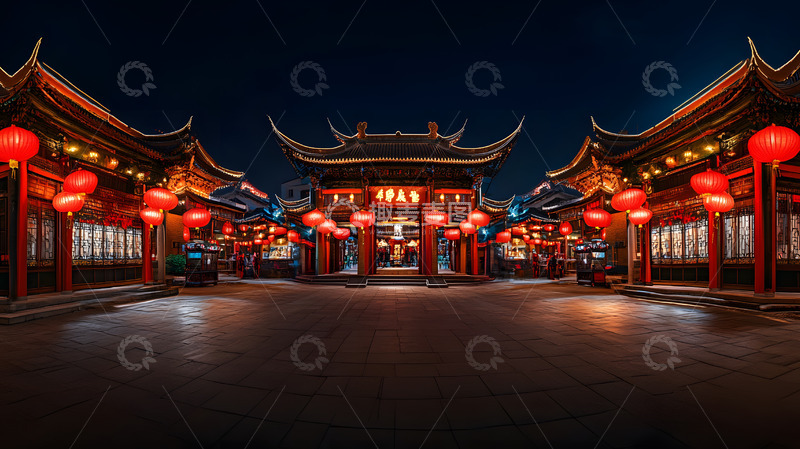 高清大图下载【趣麦麦图】夜晚中式建筑与红灯笼节日风景图