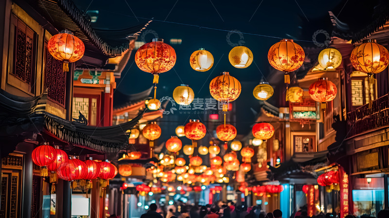 高清大图下载【趣麦麦图】夜晚中国街道悬挂灯笼节日庆典风景图