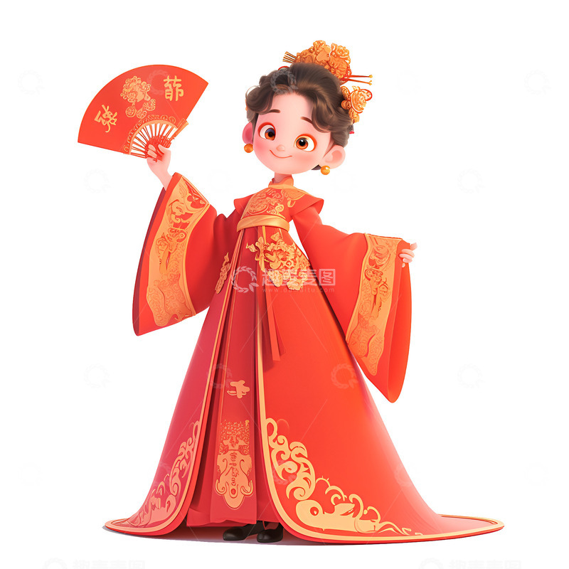 高清大图下载【趣麦麦图】拿着扇子穿着红色古装的女孩