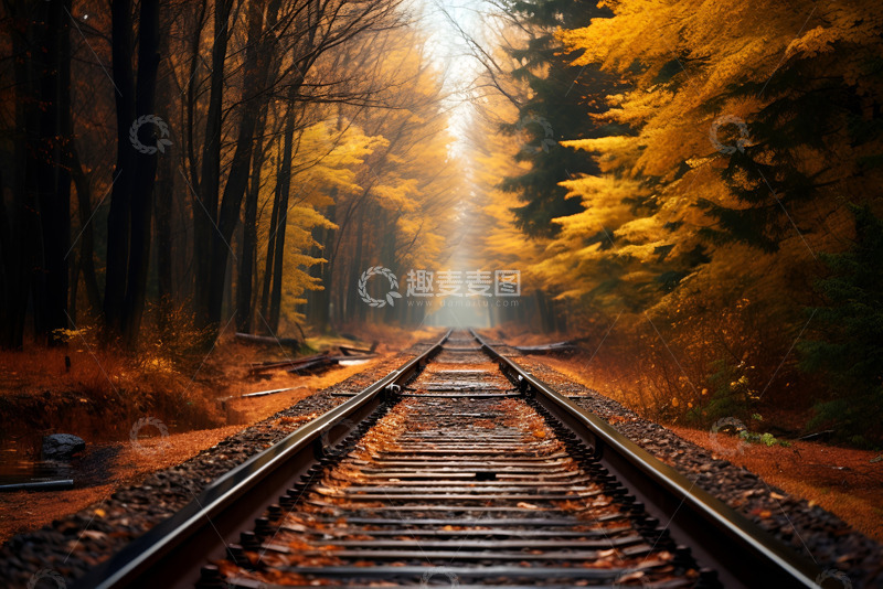 高清大图下载【趣麦麦图】散满落叶的火车轨道