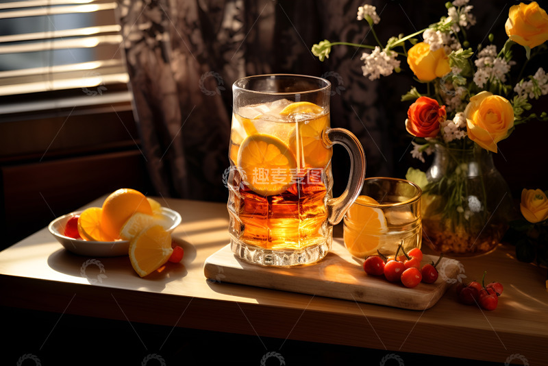 高清大图下载【趣麦麦图】放在窗台边的柠檬水果茶