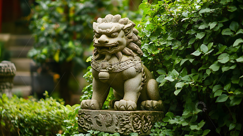 高清大图下载【趣麦麦图】绿植中的石狮雕塑传统建筑庭院风景