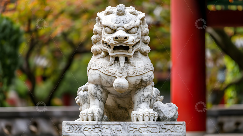 高清大图下载【趣麦麦图】秋天庭院中的石狮雕塑红色传统建筑风景