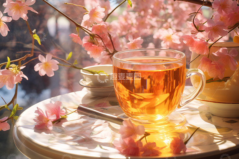 高清大图下载【趣麦麦图】樱花装饰桌面上的红茶