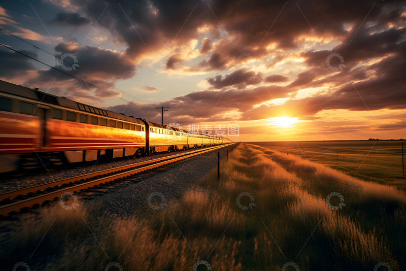 高清大图下载【趣麦麦图】夕阳下疾驰而过的火车