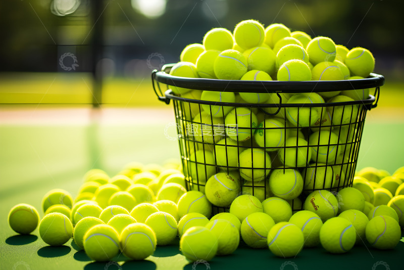 网球场上的一篮筐网球