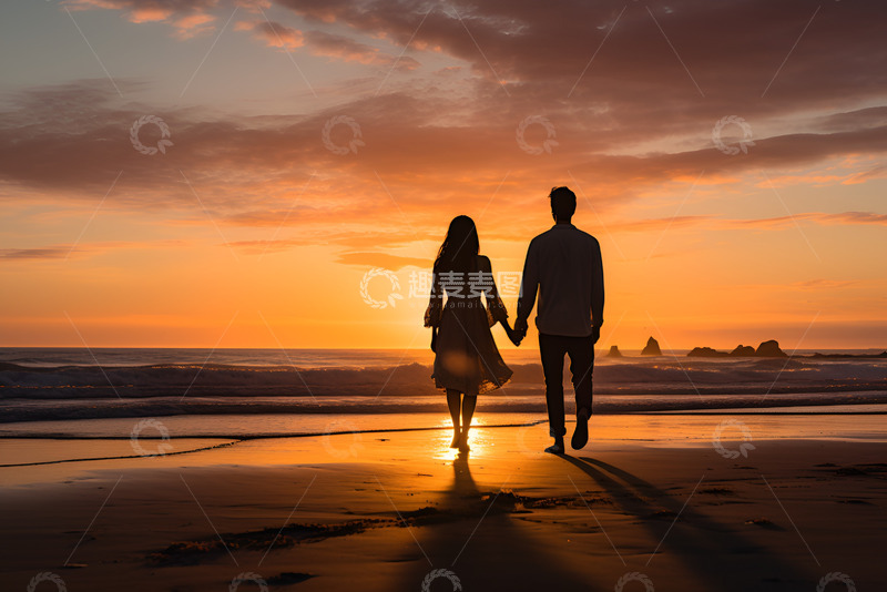 高清大图下载【趣麦麦图】手牵手在夕阳下散步的情侣