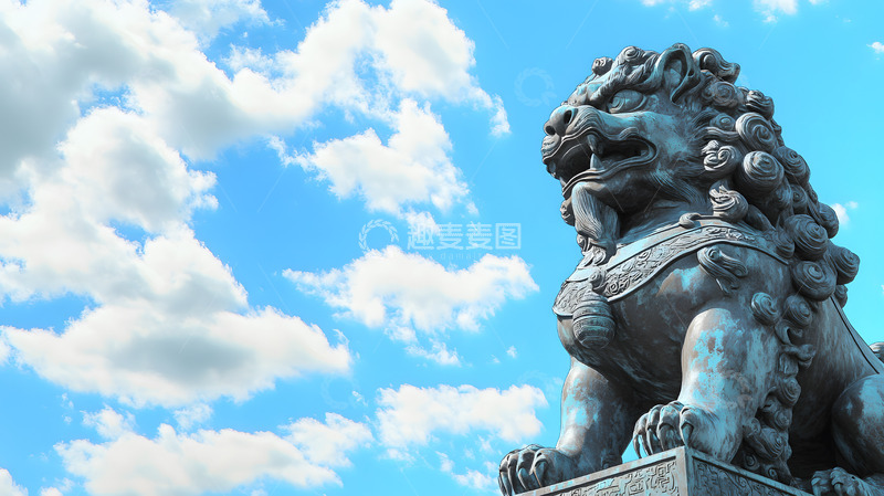 高清大图下载【趣麦麦图】蓝天下的石狮雕塑与白云