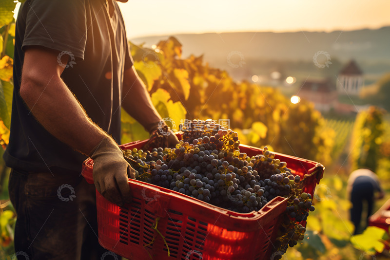 高清大图下载【趣麦麦图】葡萄园里工人拿着一筐葡萄
