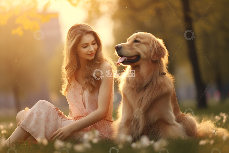 高清大图下载【趣麦麦图】草地上的美女和金毛犬