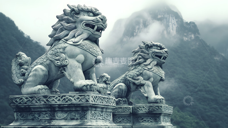 高清大图下载【趣麦麦图】雾中山峦与传统石狮雕塑壁纸