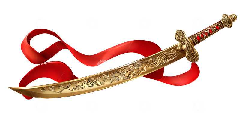 高清大图下载【趣麦麦图】金色装饰剑与红色缎带中国传统武器