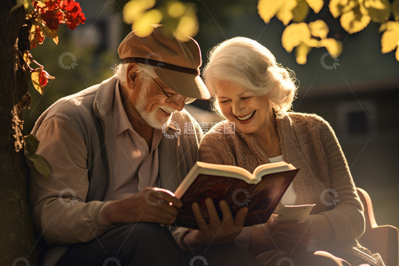 高清大图下载【趣麦麦图】公园里一起看书的老年夫妻