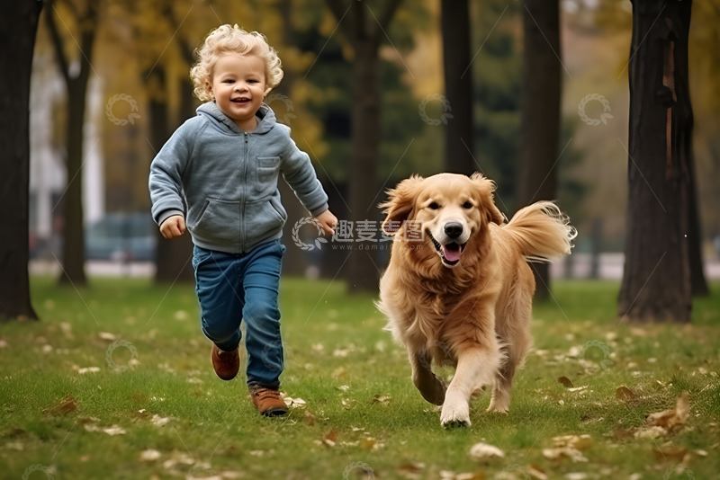 高清大图下载【趣麦麦图】金毛和它的小主人一起玩耍