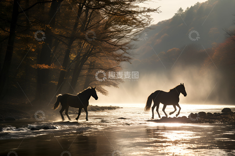高清大图下载【趣麦麦图】溪流中的马匹