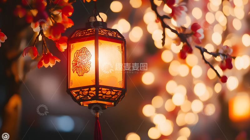 高清大图下载【趣麦麦图】传统中国灯笼与梅花枝节日装饰