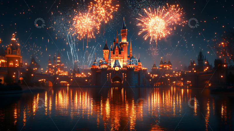 高清大图下载【趣麦麦图】童话城堡夜空烟花绽放湖面倒影节日庆典