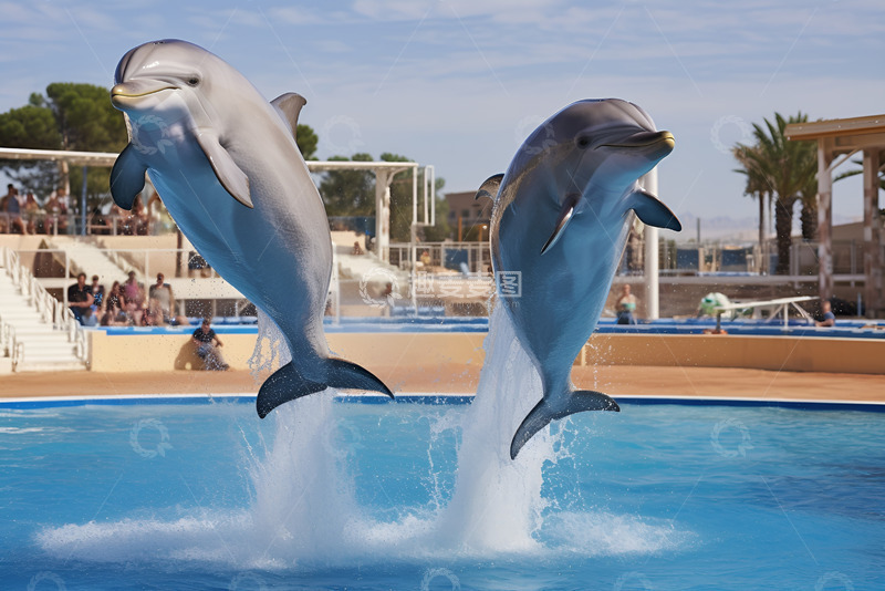 高清大图下载【趣麦麦图】两只跃出水面的海豚