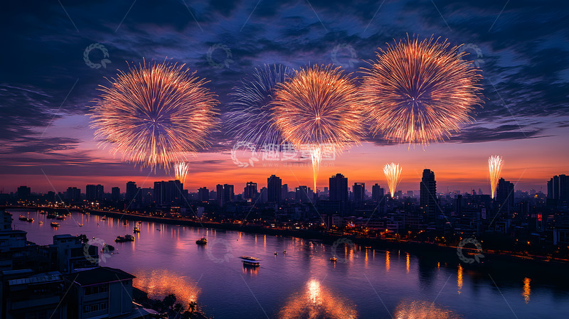 高清大图下载【趣麦麦图】城市天际线烟花绽放湖面倒影节日庆典