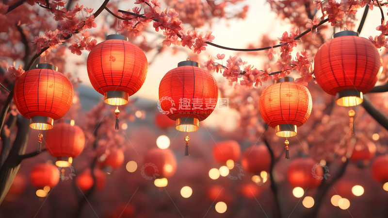 高清大图下载【趣麦麦图】红色灯笼与盛开花树的节日装饰