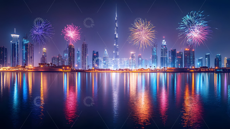 高清大图下载【趣麦麦图】城市天际线烟花绽放夜景国庆庆典湖面倒影