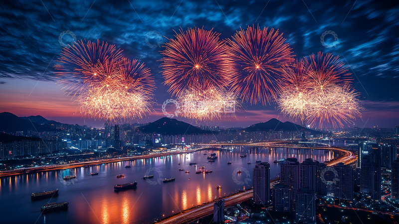 高清大图下载【趣麦麦图】夜晚城市烟花盛典山水倒影国庆庆典