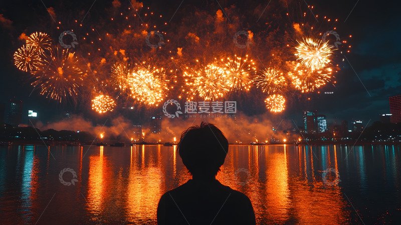 高清大图下载【趣麦麦图】夜晚观赏烟花国庆庆典城市湖面倒影人影剪影