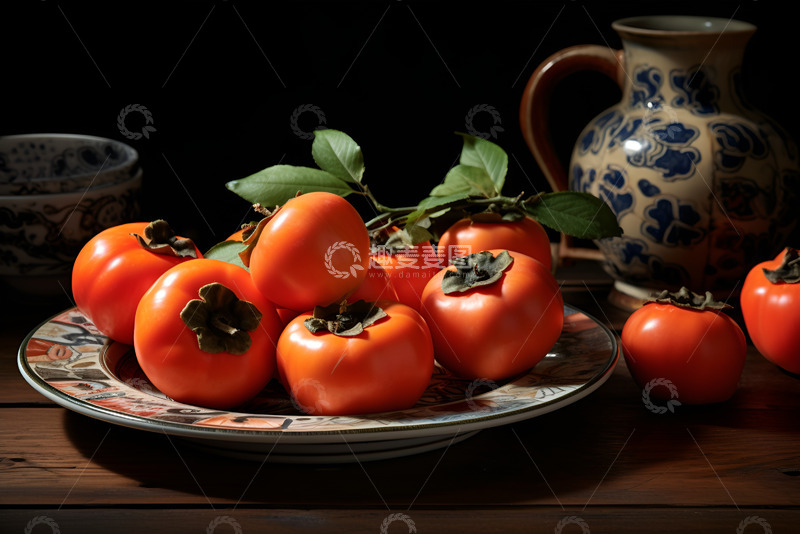 高清大图下载【趣麦麦图】一盘放在桌面的柿子