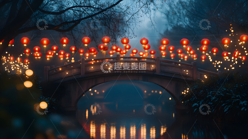 高清大图下载【趣麦麦图】夜晚灯笼桥倒影中国传统节日景色