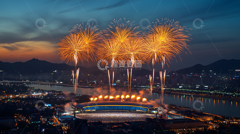 高清大图下载【趣麦麦图】城市夜空烟花绽放山峦背景节日庆典