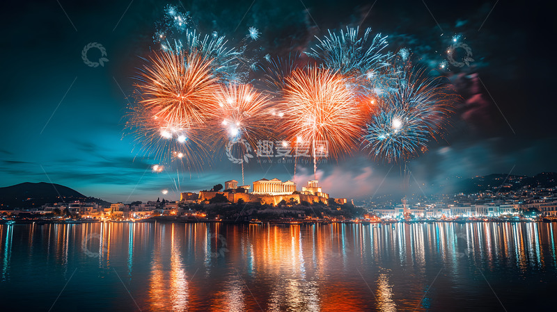 湖面倒影中的传统建筑与夜空烟花盛典
