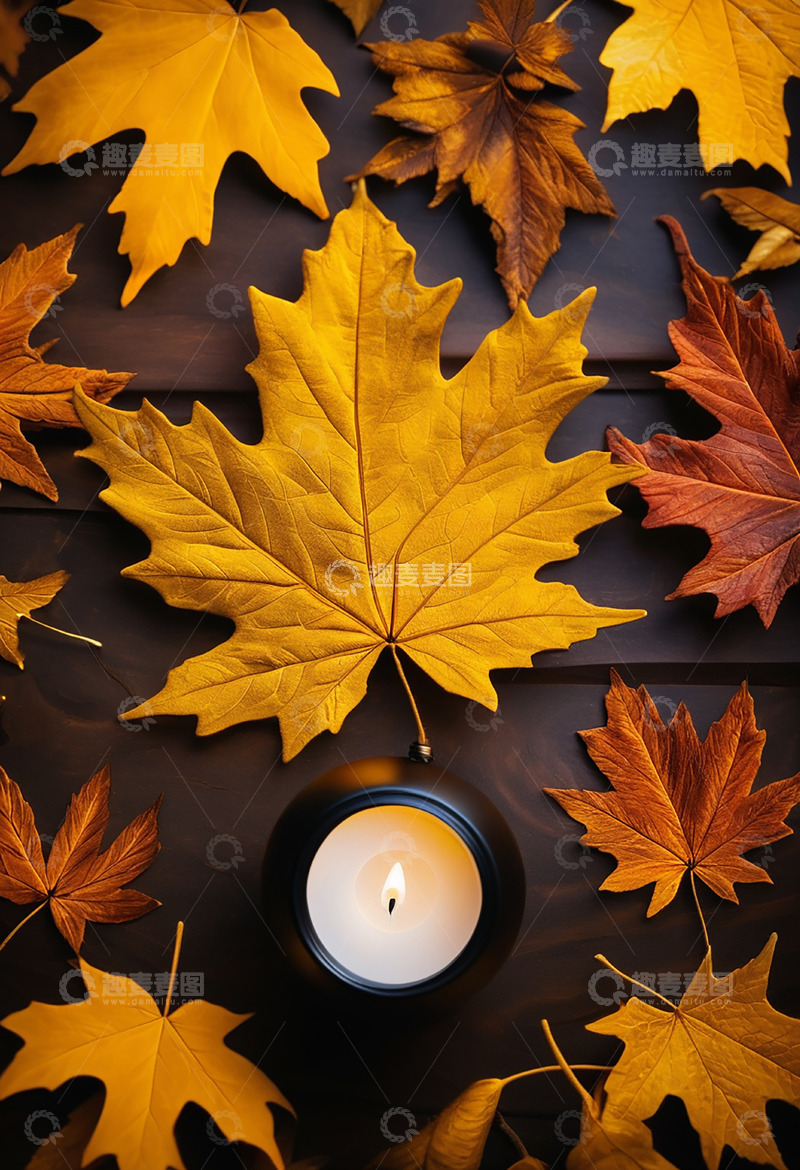 高清大图下载【趣麦麦图】黄色系秋天枫叶烛光木板风景