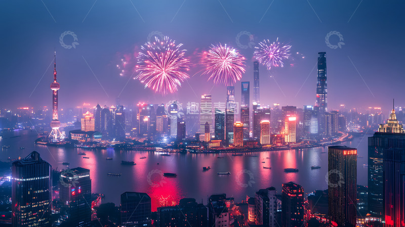 高清大图下载【趣麦麦图】烟花映衬下的城市夜景与水面灯光