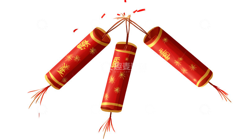 燃放中的三串红色传统鞭炮节日装饰