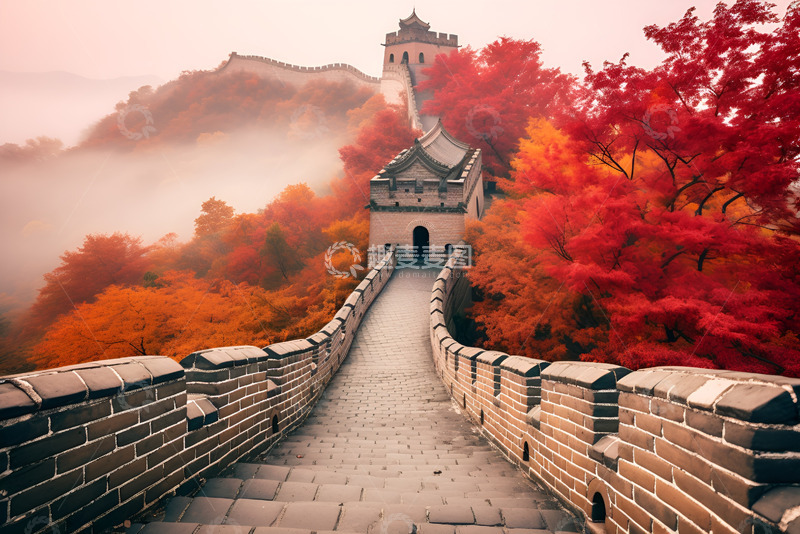 高清大图下载【趣麦麦图】秋季红色树木包围下的长城