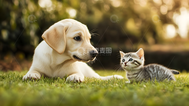 高清大图下载【趣麦麦图】小狗与小猫在户外草地上宠物摄影图