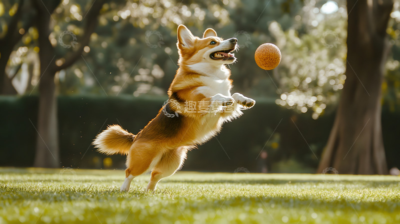 高清大图下载【趣麦麦图】柯基犬在户外跳跃接球的动感宠物摄影图