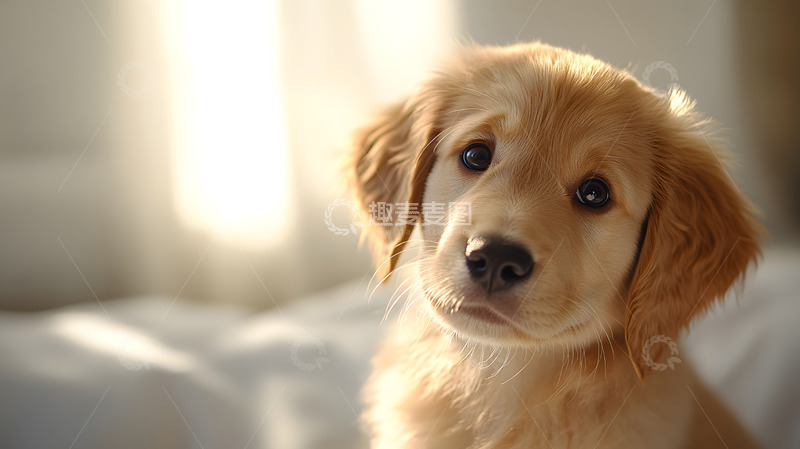 高清大图下载【趣麦麦图】金毛幼犬在温馨室内光线下宠物特写摄影图
